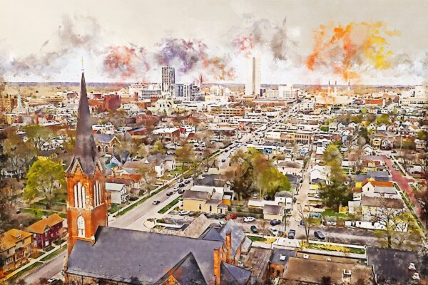 Fort Wayne watercolor on canvas, Fort Wayne skyline watercolor, Fort Wayne wall canvas, Fort Wayne wall art