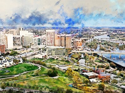 Richmond Virginia watercolor, Richmond watercolor Canvas, Richmond Virginia James River skyline, Richmond Wall canvas, Virginia skyline art