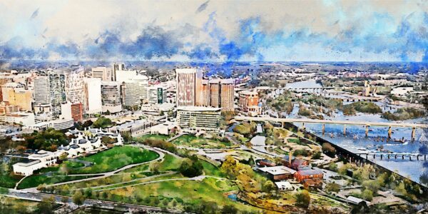 Richmond Virginia watercolor, Richmond watercolor Canvas, Richmond Virginia James River skyline, Richmond Wall canvas, Virginia skyline art