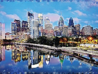 Philadelphia Pensylvania watercolor canvas, Philadelphia watercolor skyline and Schuykill River, Watercolor wall art, Philly watercolor