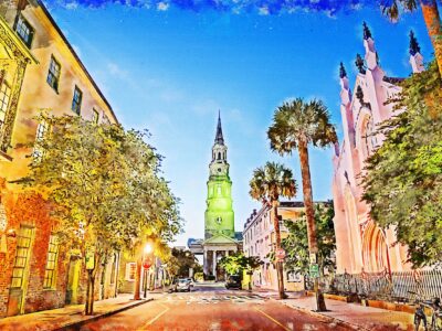 Charleston SC watercolor street scene canvas, Charleston Canvas,  Charleston wall canvas, Charleston watercolor Charleston south decor