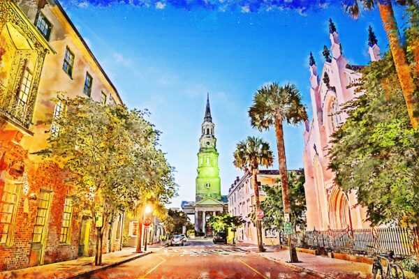 Charleston SC watercolor street scene canvas, Charleston Canvas,  Charleston wall canvas, Charleston watercolor Charleston south decor