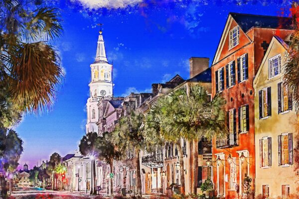 Charleston SC watercolor street scene canvas, Charleston Canvas,  Charleston wall canvas, Charleston watercolor Charleston south decor