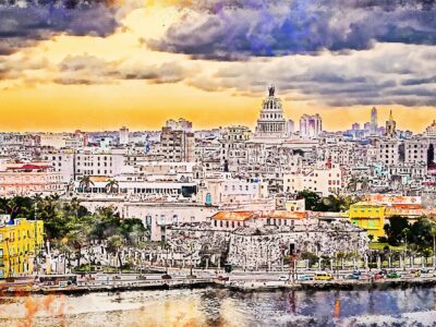 Havana Cuba skyline watercolor, Havana Cuba watercolor, Wall canvas, Havana Cuba Watercolor, Cuba art print, Cuba from the ocean