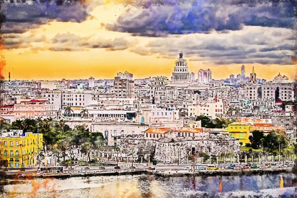 Havana Cuba skyline watercolor, Havana Cuba watercolor, Wall canvas, Havana Cuba Watercolor, Cuba art print, Cuba from the ocean