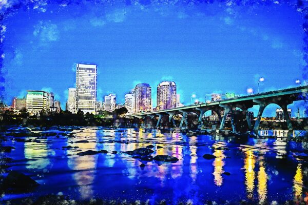 Richmond Virginia watercolor, Richmond watercolor Canvas, Richmond James River skyline, Richmond Wall canvas, Virginia skyline art