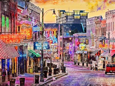 Memphis Tennessee  Beale Street Memphis watercolor Canvas,  Memphis Beale Street watercolor wall canvas, Memphis wall art, Blues wall art