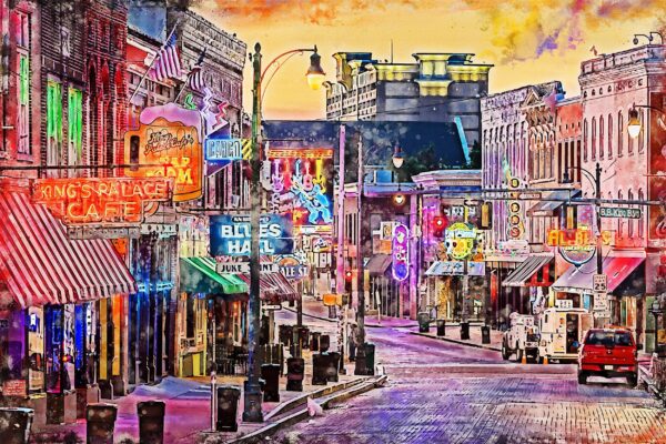 Memphis Tennessee  Beale Street Memphis watercolor Canvas,  Memphis Beale Street watercolor wall canvas, Memphis wall art, Blues wall art