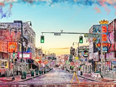 Memphis Tennessee  Beale Street Memphis watercolor Canvas,  Memphis Beale Street watercolor wall canvas, Memphis wall art, Blues wall art