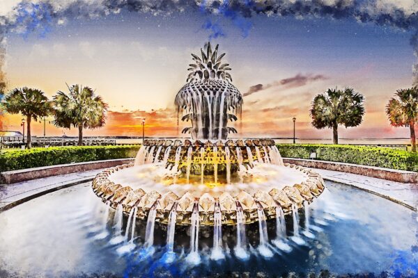 Charleston SC watercolor on canvas, Charleston watercolor canvas , Pineapple art, Charleston photo wall art print, Charleston  watercolor