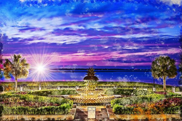 Charleston SC watercolor on canvas, Charleston watercolor canvas , Pineapple art, Charleston photo wall art print, Charleston  watercolor