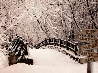 Personalized names canvas, Snow Covered Bridge custom canvas, Sign post names  Family custom gift canvas, Family sign