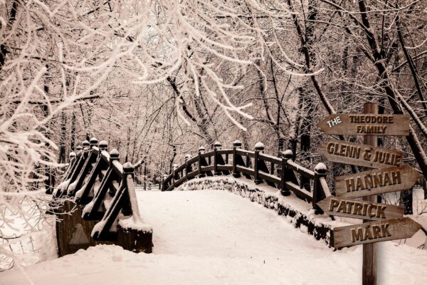 Personalized names canvas, Snow Covered Bridge custom canvas, Sign post names  Family custom gift canvas, Family sign