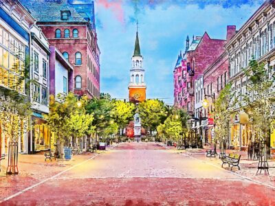 Burlington Vermont watercolor canvas, Vermont watercolor, Burlington Vermont  Wall Art,  Lake Champlain wall art, New England street scene