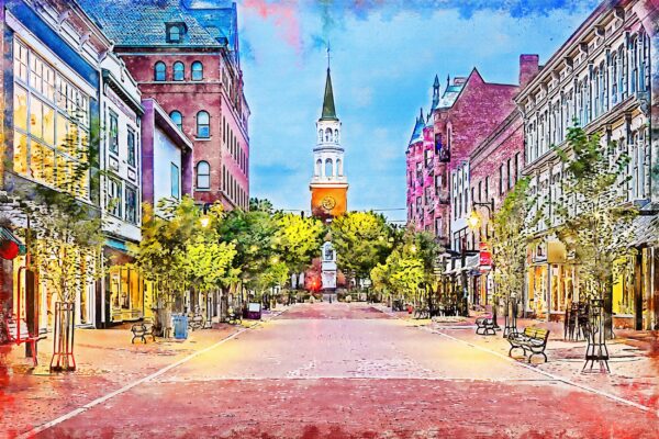 Burlington Vermont watercolor canvas, Vermont watercolor, Burlington Vermont  Wall Art,  Lake Champlain wall art, New England street scene