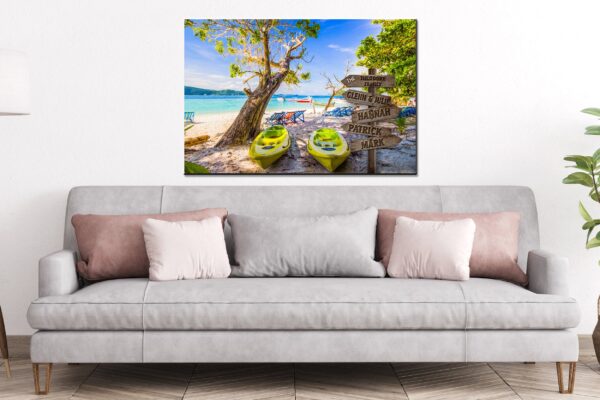 Personalized names canvas, kayaks on beach custom canvas, Color or Black and white, Sign post names  Family custom gift canvas, Family sign