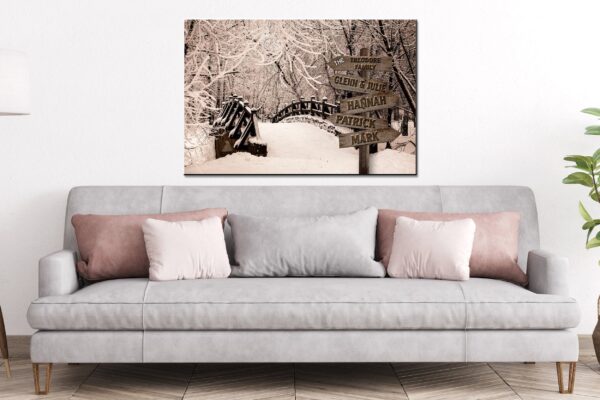 Personalized names canvas, Snow Covered Bridge custom canvas, Sign post names  Family custom gift canvas, Family sign - Image 2