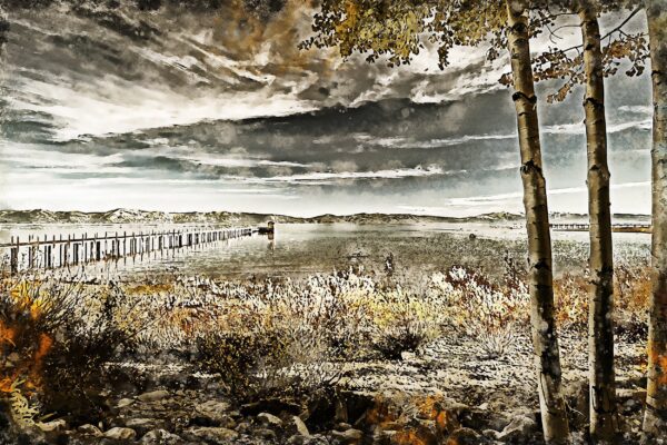 Lake Tahoe at Dusk watercolor, Landscape Wall Art, Large Canvas Art, Lake Tahoe canvas watercolor, Large landscape print