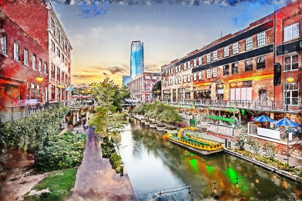Oklahoma City Bricktown watercolor canvas, Oklahoma art,  OKC wall art, Canvas Wall Art, OKC syline,  Bricktown Oklahoma City