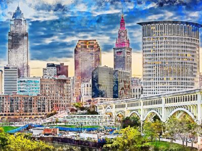 Cleveland watercolor skyline at night, Cleveland Canvas, Cleveland skyline, Cleveland Wall canvas,  Cleveland wall art, Cleveland watercolor