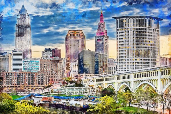 Cleveland watercolor skyline at night, Cleveland Canvas, Cleveland skyline, Cleveland Wall canvas,  Cleveland wall art, Cleveland watercolor