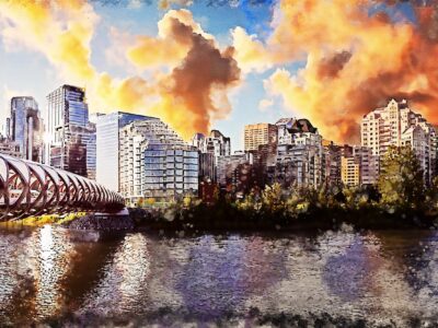 Calgary watercolor skyline canvas, Peace Bridge Canada Canvas, Calgary watercolor canvas, Calgary Canada wall art, Canada skyline wall art,