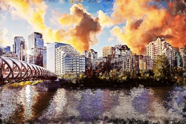 Calgary watercolor skyline canvas, Peace Bridge Canada Canvas, Calgary watercolor canvas, Calgary Canada wall art, Canada skyline wall art,