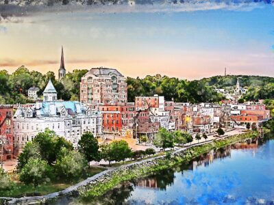 Augusta Maine watercolor canvas, Augusta Maine Canvas Print, Augusta Maine watercolor, Canvas Wall Art, Augusta Skyline,Maine wall art