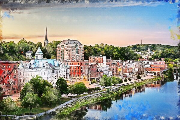 Augusta Maine watercolor canvas, Augusta Maine Canvas Print, Augusta Maine watercolor, Canvas Wall Art, Augusta Skyline,Maine wall art