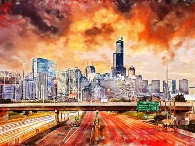 Chicago watercolor skyline, Chicago Canvas, Chicago canvas skyline, Chicago watercolor skyline Wall canvas, Windy city wall art Chicago art,