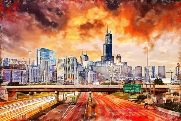 Chicago watercolor skyline, Chicago Canvas, Chicago canvas skyline, Chicago watercolor skyline Wall canvas, Windy city wall art Chicago art,