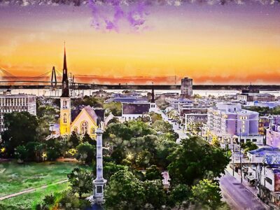 Charleston SC watercolor skyline canvas, Charleston Marion square Canvas,  Charleston wall canvas, Charleston art, Charleston south decor