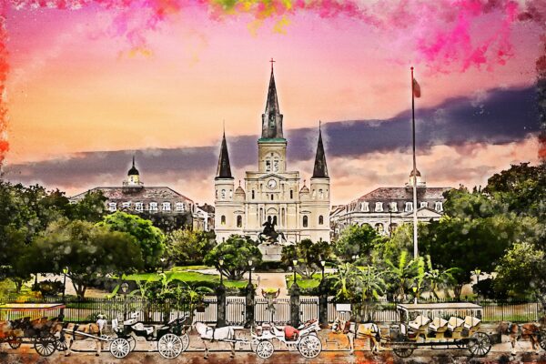 Jackson Square New Orleans watercolor canvas, New Orleans Canvas Print, New Orleans wall art, Canvas Wall Art, Watercolor Skyline,
