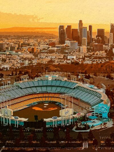 Dodger Stadium Watercolor, LA Skyline watercolor,Los Angeles watercolor skyline, Large LA Dodger baseball  wall art, Canvas gifts, art