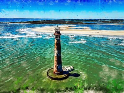 Morris Island SC lighthouse watercolor canvas, Morris Island wall art Canvas, South Carolina watercolor photo wall art print, Folly Beach