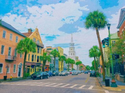 Charleston SC watercolor street scene canvas, Charleston Canvas,  Charleston wall canvas, Charleston watercolor Charleston south decor