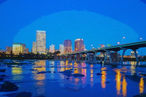 Richmond Virginia watercolor, Richmond watercolor Canvas, Richmond James River skyline, Richmond Wall canvas, Virginia skyline art
