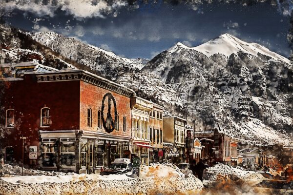 Telluride Colorado watercolor, Ski Canvas, Telluride Colorado watercolor skyline. Rocky Mountain, Rocky Mountain wall art Telluride wall art