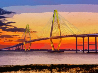 Arthur Ravenel Bridge watercolor Charleston SC skyline canvas, Charleston watercolor Canvas,  Charleston wall canvas, Mount Pleasant SC