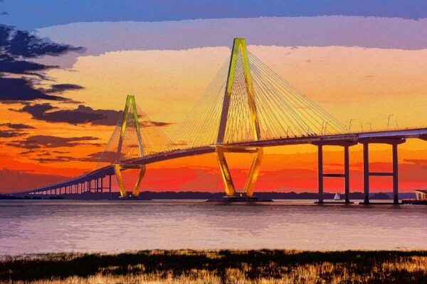 Arthur Ravenel Bridge watercolor Charleston SC skyline canvas, Charleston watercolor Canvas,  Charleston wall canvas, Mount Pleasant SC