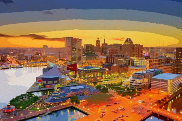 Baltimore Inner Harbor watercolor canvas, Baltimore watercolor,  Baltimore wall canvas, Inner Harbor watercolor, Baltimore south decor