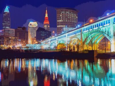 Cleveland watercolor skyline at night, Cleveland Canvas, Cleveland skyline, Cleveland Wall canvas,  Cleveland wall art, Cleveland watercolor
