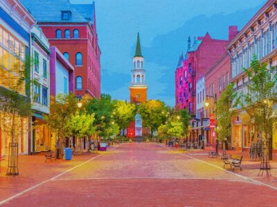 Burlington Vermont watercolor canvas, Vermont watercolor, Burlington Vermont  Wall Art,  Lake Champlain wall art, New England street scene