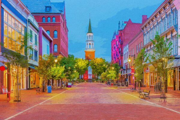 Burlington Vermont watercolor canvas, Vermont watercolor, Burlington Vermont  Wall Art,  Lake Champlain wall art, New England street scene