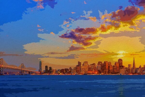San Francisco watercolor skyline canvas, San Francisco wall canvas, California wall art , San Francisco wall art, Golden Gate Bay Bridge