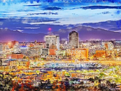 Tucson skyline watercolor canvas, Tucson Watercolor Canvas,  Canvas Tucson Art, Tucson watercolor wall art canvas, Tucson wall art