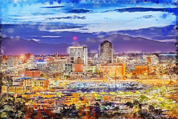Tucson skyline watercolor canvas, Tucson Watercolor Canvas,  Canvas Tucson Art, Tucson watercolor wall art canvas, Tucson wall art