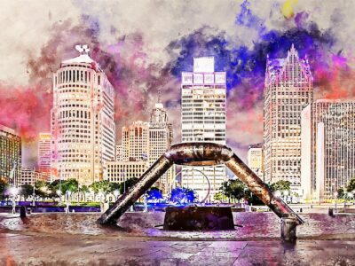 Detroit watercolor Printed on Canvas, Detroit Michigan City watercolor, Large Detroit Print, Detroit wall art, Canvas gifts, art