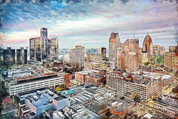 Detroit skyline canvas, Detroit Michigan watercolor City skyline, Large Detroit Print, Detroit wall art, Detroit watercolor, Detroit art