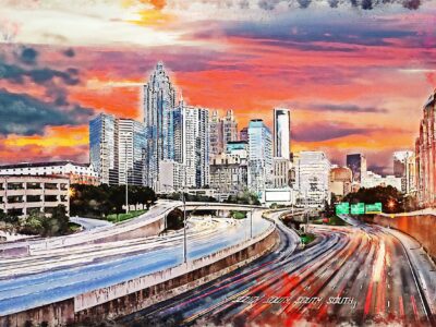 Atlanta skyline watercolor, Atlanta Canvas, Atlanta watercolor, Atlanta Wall canvas, 3 panel or single panel Atlanta art, Atlanta watercolor